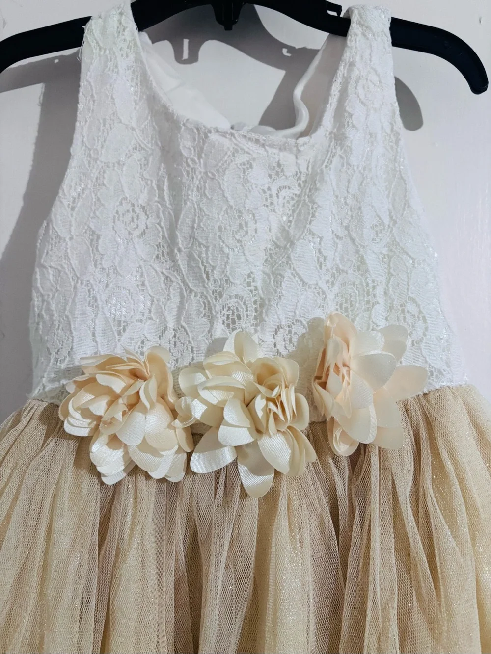 Sweet Heart Rose White Lace & Champagne Tulle Flower Girl Dress